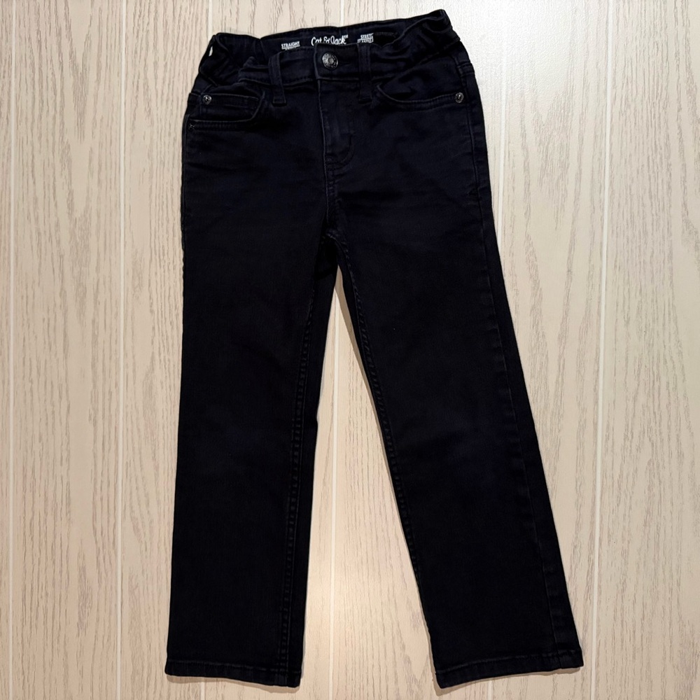 Cat & Jack‎ Boys Black Straight Jeans Size 5 Adjustable Waist Stretch Denim